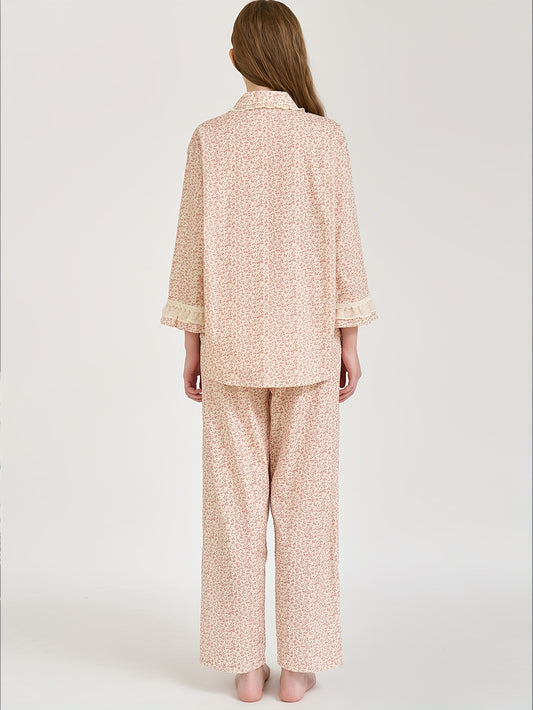 Blush Petals Lace-Trim Cotton Pajama Set