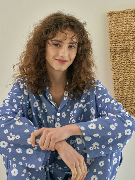 Blue Daisy Breeze Cotton Pajama Set