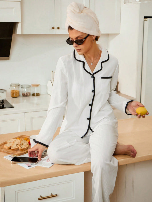Elegant White Contrast Piping Pajama Set