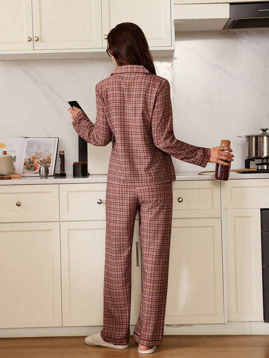 Soft Brown Plaid Button-Down Pajama Set