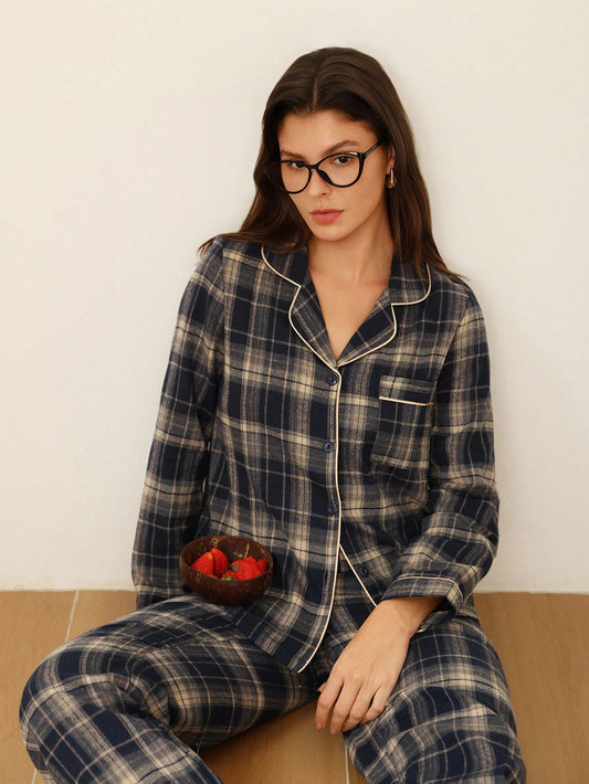 Navy & Beige Classic Plaid Cotton Pajama Set