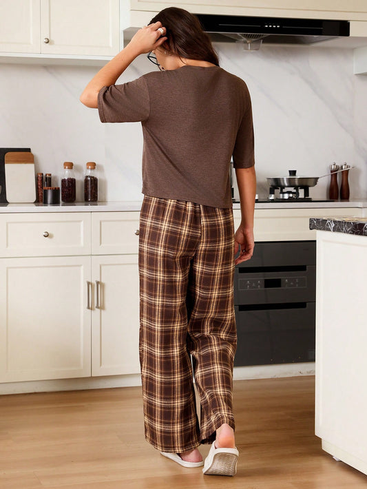 LA Graphic Tee & Brown Plaid Cozy Pajama Set