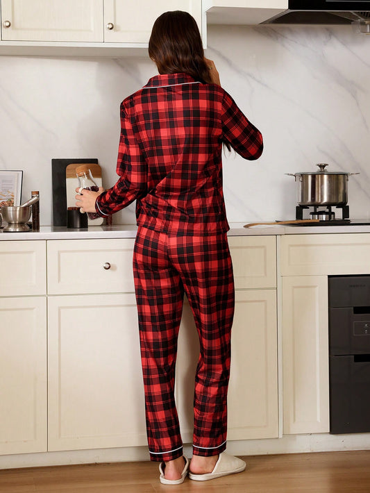 Red & Black Classic Checkered Button-Down Pajama Set