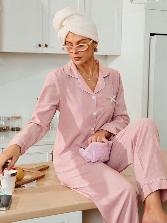 Soft Pink Contrast Trim Button-Down Pajama Set